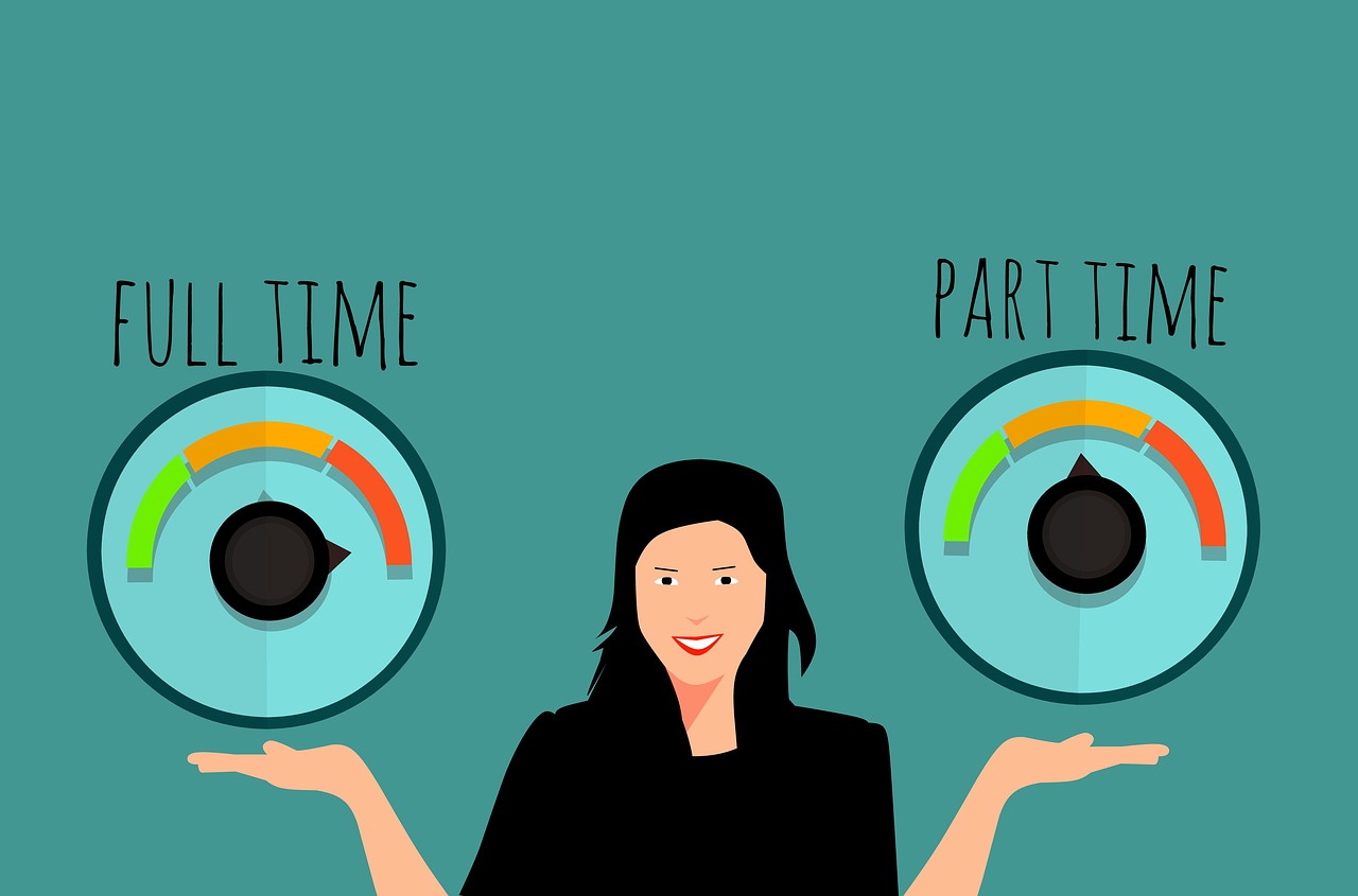 illustration showing woman weighing options of temporary employee and full-time employee
